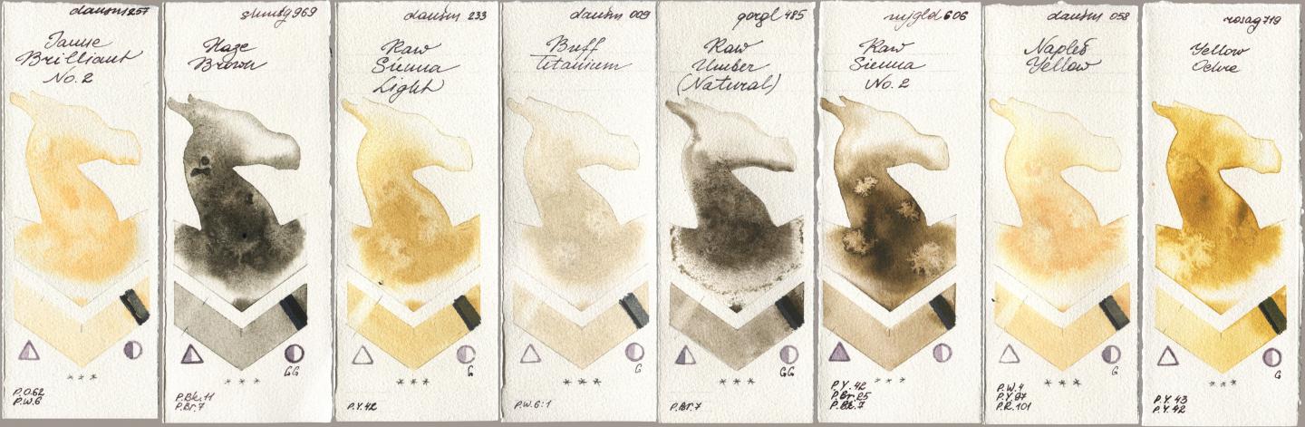 Daniel Smith 257 Jaune Brilliant No 2, Shminke Horadam Aquarell 969 Haze Brown, 233 Raw Sienna Light, 009 Buff Titanium, Golden QOR 485 Raw Umber (Natural), Mijello Mission Gold 606 Raw Sienna No 2, 058 Naples Yellow, Rosa Gallery 719 Yellow Och watercolor swatch