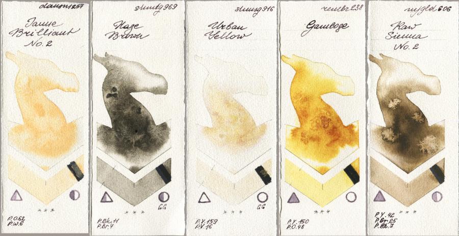 Daniel Smith 257 Jaune Brilliant No 2 vs Shminke Horadam Aquarell 969 Haze Brown vs 916 Urban Yellow vs Royal Talens Rembrandt Watercolour 238 Gamboge vs Mijello Mission Gold 606 Raw Sienna No 2 watercolor swatch