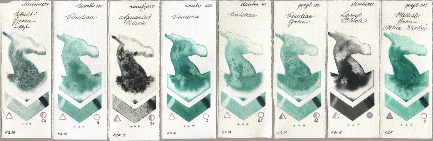 Daniel Smith 258 Cobalt Green Deep, Holbein Artists Watercolor 060 Viridian, Roman Szmal Aquarius 247 Aquarius Black, Winsor & Newton Professional 692 Viridian, 112 Viridian, Golden QOR 380 Viridian Green, Shminke Horadam Aquarell 781 Lamp Black, 375 Phthalo Green (Blue Shad watercolor swatch