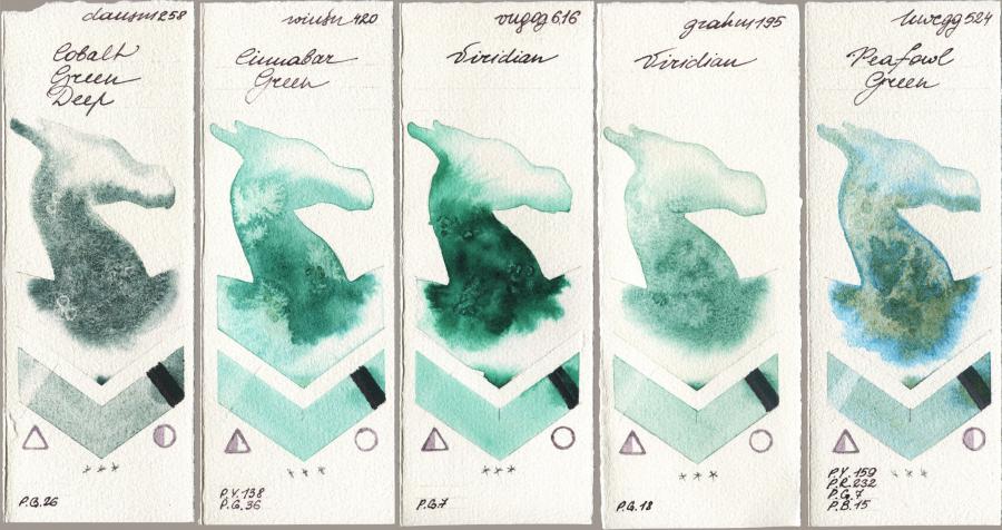Daniel Smith 258 Cobalt Green Deep vs Winsor & Newton Professional 420 Cinnabar Green vs Royal Talens Van Gogh Watercolour 616 Viridian vs M. Graham & Co. Artists 195 Viridian vs Holbein Artists Watercolor 524 Peafowl Green watercolor swatch