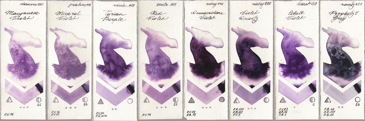 Daniel Smith 261 Manganese Violet, M. Graham & Co. Artists 116 Mineral Violet, Winsor & Newton Professional 419 Tyrian Purple, Sennelier l Aquarelle 905 Red Violet, Rosa Gallery 749 Quinacridone Violet, 785 Violet Quartz, Kuretake Gansai Tambi 139 Cobalt Violet, Roman Szmal Aquarius 401 Przybyszs Gr watercolor swatch