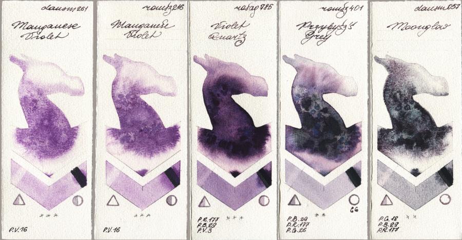 Daniel Smith 261 Manganese Violet vs Roman Szmal Aquarius 216 Manganese Violet vs Rosa Gallery 785 Violet Quartz vs 401 Przybyszs Grey vs 057 Moonglow watercolor swatch