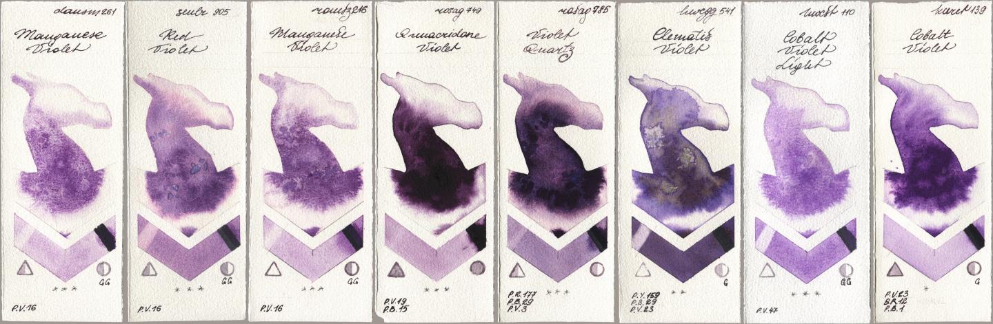 Daniel Smith 261 Manganese Violet, Sennelier l Aquarelle 905 Red Violet, Roman Szmal Aquarius 216 Manganese Violet, Rosa Gallery 749 Quinacridone Violet, 785 Violet Quartz, Holbein Artists Watercolor 541 Clematis Violet, 110 Cobalt Violet Light, Kuretake Gansai Tambi 139 Cobalt Viol watercolor swatch