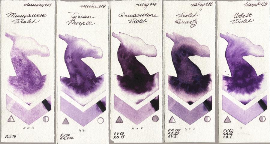 Daniel Smith 261 Manganese Violet vs Winsor & Newton Professional 419 Tyrian Purple vs Rosa Gallery 749 Quinacridone Violet vs 785 Violet Quartz vs Kuretake Gansai Tambi 139 Cobalt Violet watercolor swatch