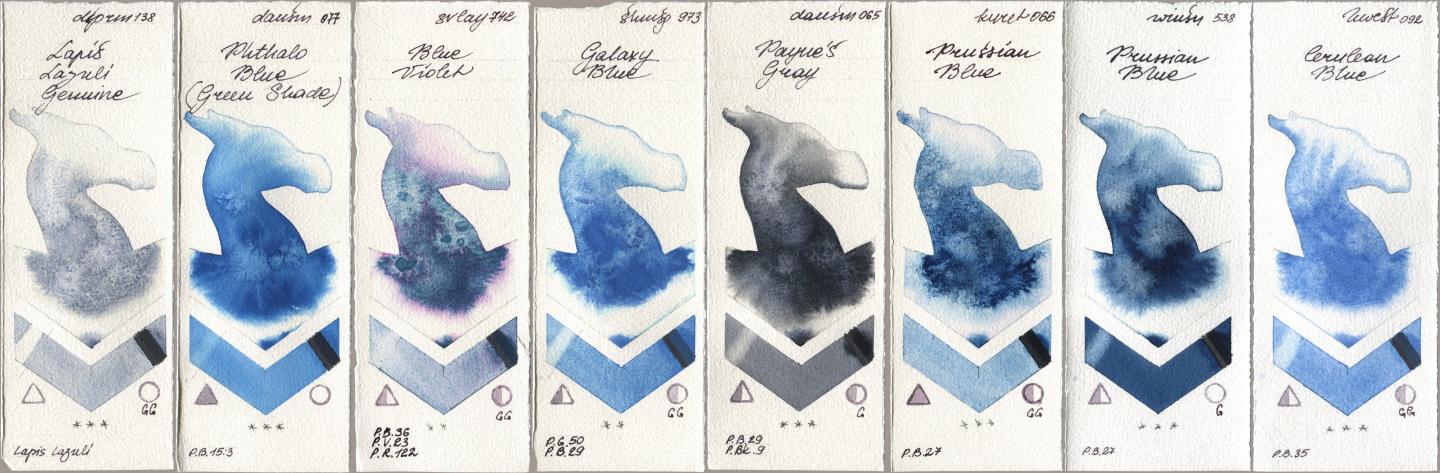 Daniel Smith 138 Lapis Lazuli Genuine, 077 Phthalo Blue (Green Shade), SuperVision 742 Blue Violet, Shminke Horadam Aquarell 973 Galaxy Blue, 065 Paynes Gray, Kuretake Gansai Tambi 066 Prussian Blue, Winsor & Newton Professional 538 Prussian Blue, Holbein Artists Watercolor 092 Cerulean Bl watercolor swatch