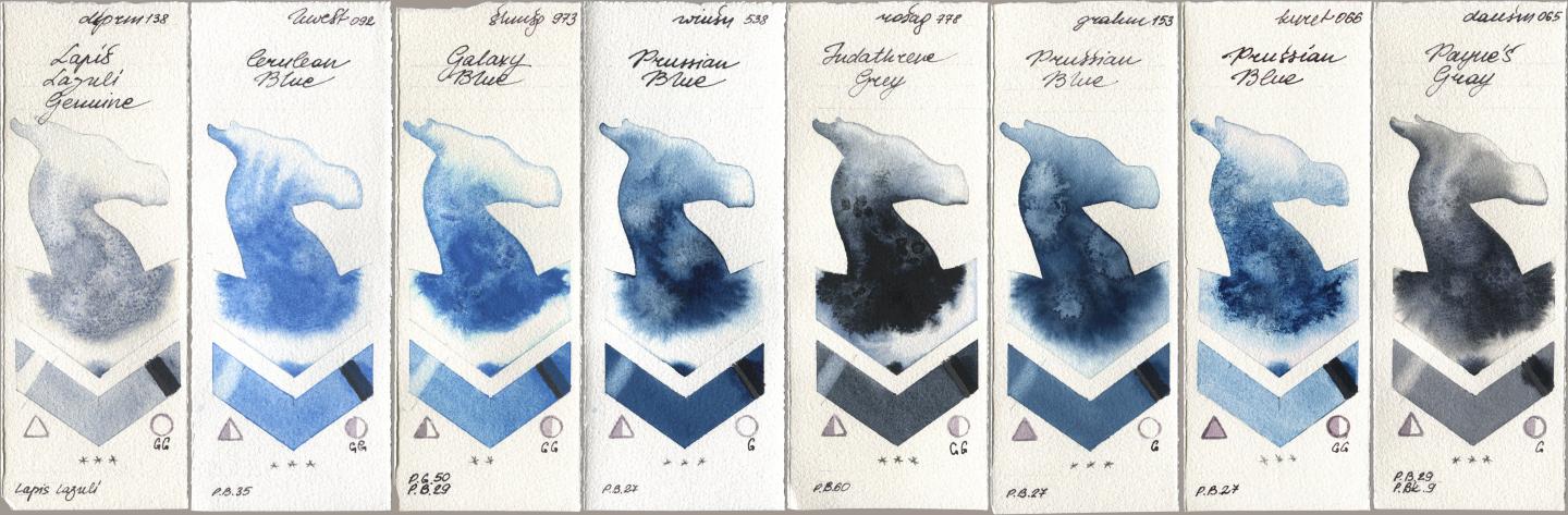 Daniel Smith 138 Lapis Lazuli Genuine, Holbein Artists Watercolor 092 Cerulean Blue, Shminke Horadam Aquarell 973 Galaxy Blue, Winsor & Newton Professional 538 Prussian Blue, Rosa Gallery 778 Indanthrene Grey, M. Graham & Co. Artists 153 Prussian Blue, Kuretake Gansai Tambi 066 Prussian Blue, 065 Paynes Gr watercolor swatch