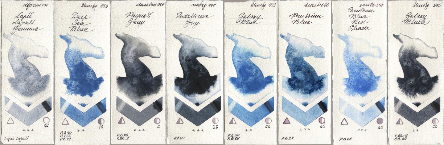 Daniel Smith 138 Lapis Lazuli Genuine, Shminke Horadam Aquarell 953 Deep Sea Blue, 065 Paynes Gray, Rosa Gallery 778 Indanthrene Grey, 973 Galaxy Blue, Kuretake Gansai Tambi 066 Prussian Blue, Sennelier l Aquarelle 305 Cerulean Blue Red Shade, 975 Galaxy Bla watercolor swatch