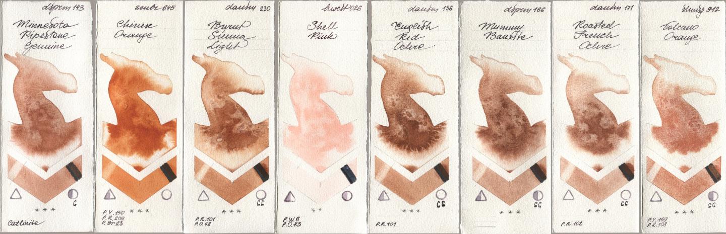 Daniel Smith 143 Minnesota Pipestone Genuine, Sennelier l Aquarelle 645 Chinese Orange, 230 Burnt Sienna Light, Holbein Artists Watercolor 026 Shell Pink, 136 English Red Ochre, 166 Mummy Bauxite, 171 Roasted French Ochre, Shminke Horadam Aquarell 912 Volcano Oran watercolor swatch