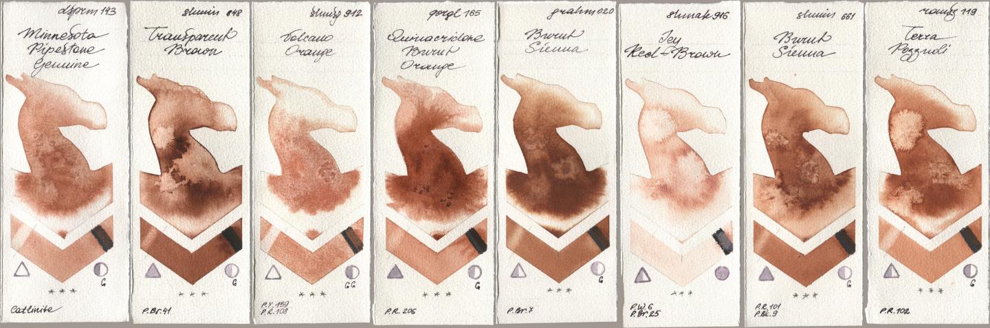 Daniel Smith 143 Minnesota Pipestone Genuine, Shminke Horadam Aquarell 648 Transparent Brown, 912 Volcano Orange, Golden QOR 165 Quinacridone Burnt Orange, M. Graham & Co. Artists 020 Burnt Sienna, Shminke Akademie Aquarell 916 Icy Red-Brown, 661 Burnt Sienna, Roman Szmal Aquarius 119 Terra Pozzuo watercolor swatch