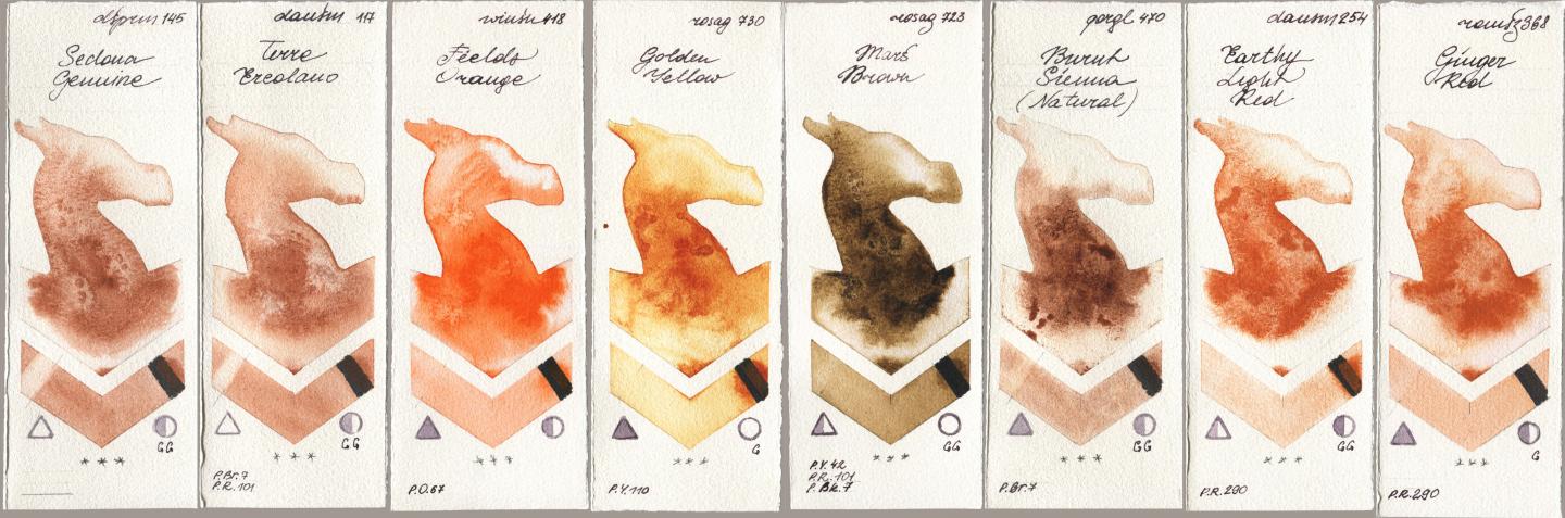 Daniel Smith 145 Sedona Genuine, 117 Terre Ercolano, Winsor & Newton Professional 418 Fields Orange, Rosa Gallery 730 Golden Yellow, 723 Mars Brown, Golden QOR 470 Burnt Sienna (Natural), 254 Earthy Light Red, Roman Szmal Aquarius 368 Genger R watercolor swatch