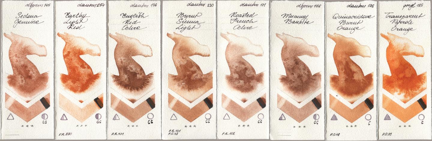 Daniel Smith 145 Sedona Genuine, 254 Earthy Light Red, 136 English Red Ochre, 230 Burnt Sienna Light, 171 Roasted French Ochre, 166 Mummy Bauxite, 086 Quinacridone Burnt Orange, Golden QOR 185 Transparent Pyrrole Oran watercolor swatch