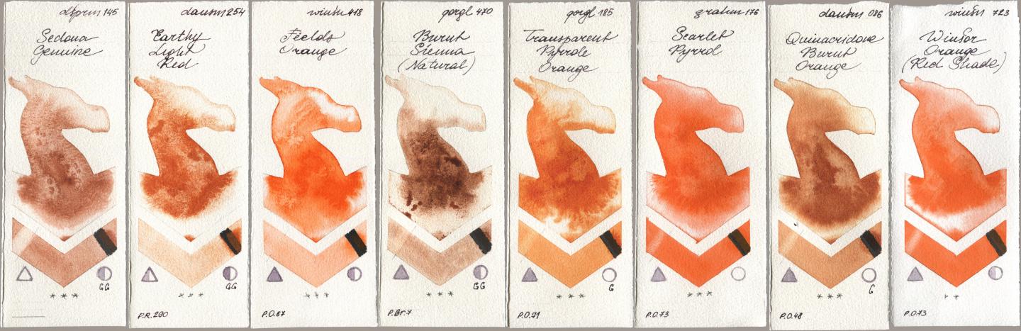Daniel Smith 145 Sedona Genuine, 254 Earthy Light Red, Winsor & Newton Professional 418 Fields Orange, Golden QOR 470 Burnt Sienna (Natural), 185 Transparent Pyrrole Orange, M. Graham & Co. Artists 176 Scarlet Pyrrol, 086 Quinacridone Burnt Orange, 723 Winsor Orange (Red Shad watercolor swatch