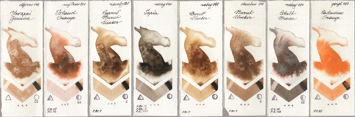 Daniel Smith 146 Yavapai Genuine, Mijello Mission Gold 844 Island Orange, Roman Szmal Aquarius 128 Cyprus Burnt Umber, Rosa Gallery 720 Sepia, 746 Burnt Umber, 011 Burnt Umber, 784 Cobalt Brown, Golden QOR 180 Cadmium Oran watercolor swatch