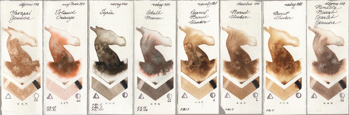 Daniel Smith 146 Yavapai Genuine, Mijello Mission Gold 844 Island Orange, Rosa Gallery 720 Sepia, 784 Cobalt Brown, Roman Szmal Aquarius 128 Cyprus Burnt Umber, 011 Burnt Umber, 746 Burnt Umber, 158 Hematite Burnt Scarlet Genui watercolor swatch