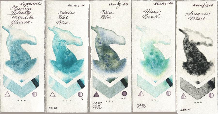 Daniel Smith 150 Sleeping Beauty Turquoise Genuine vs 028 Cobalt Teal Blue vs Shminke Horadam Aquarell 934 Shire Blue vs Kusakabe 007 Mint Beryl vs Roman Szmal Aquarius 247 Aquarius Black watercolor swatch