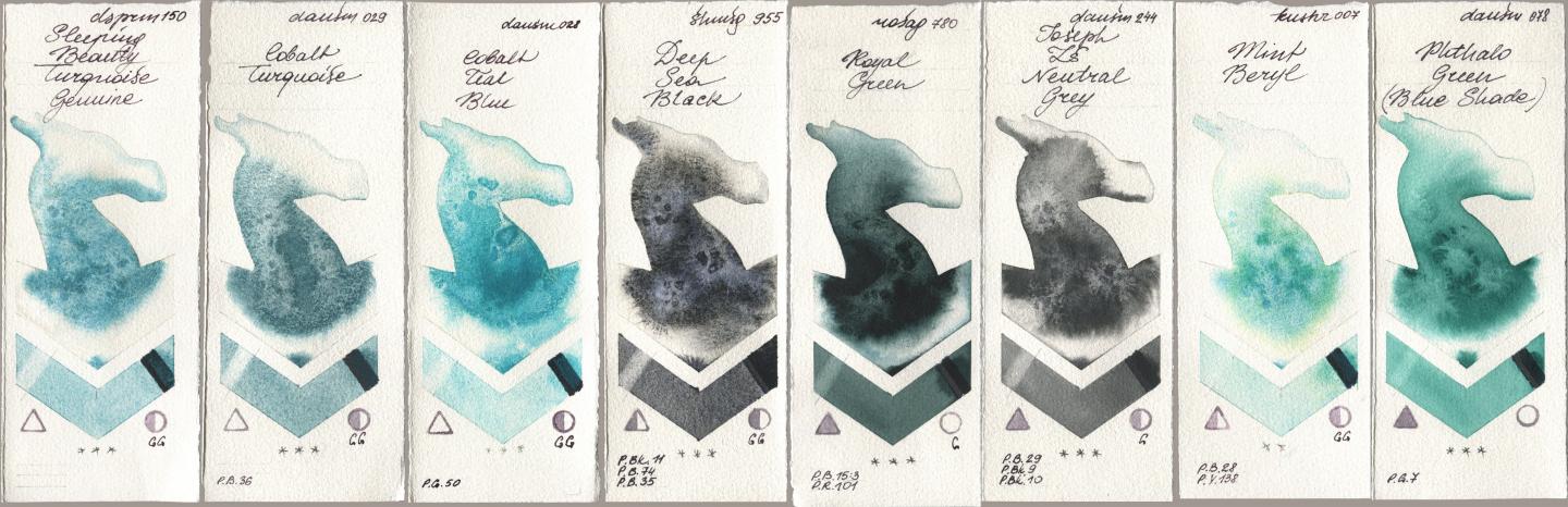 Daniel Smith 150 Sleeping Beauty Turquoise Genuine, 029 Cobalt Turquoise, 028 Cobalt Teal Blue, Shminke Horadam Aquarell 955 Deep Sea Black, Rosa Gallery 780 Royal Green, 244 Joseph Zs Neutral Grey, Kusakabe 007 Mint Beryl, 078 Phthalo Green (Blue Shad watercolor swatch