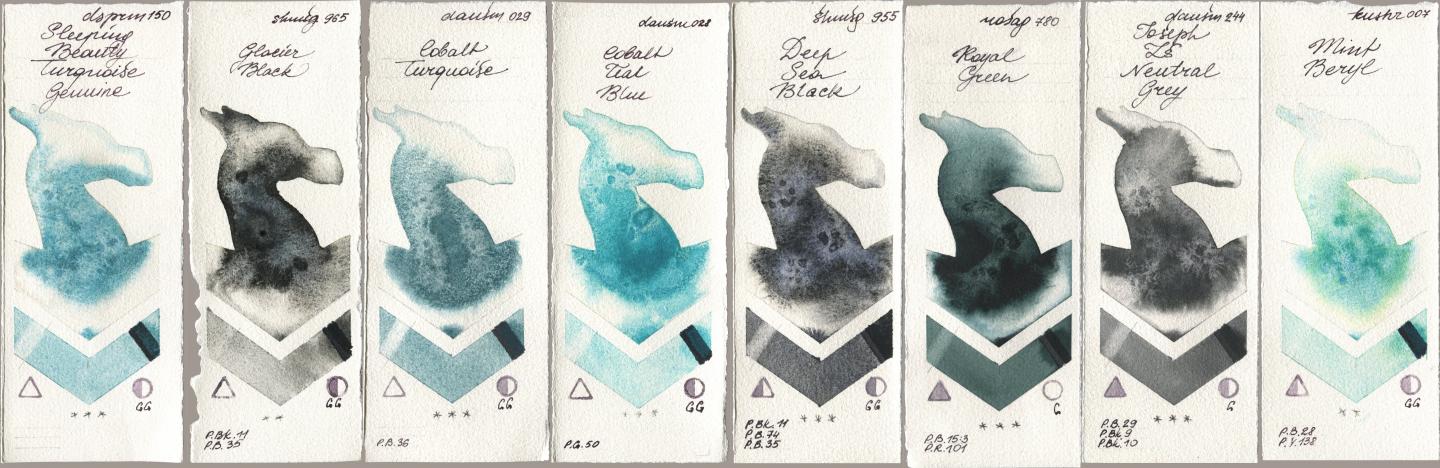 Daniel Smith 150 Sleeping Beauty Turquoise Genuine, Shminke Horadam Aquarell 965 Glacier Black, 029 Cobalt Turquoise, 028 Cobalt Teal Blue, 955 Deep Sea Black, Rosa Gallery 780 Royal Green, 244 Joseph Zs Neutral Grey, Kusakabe 007 Mint Ber watercolor swatch