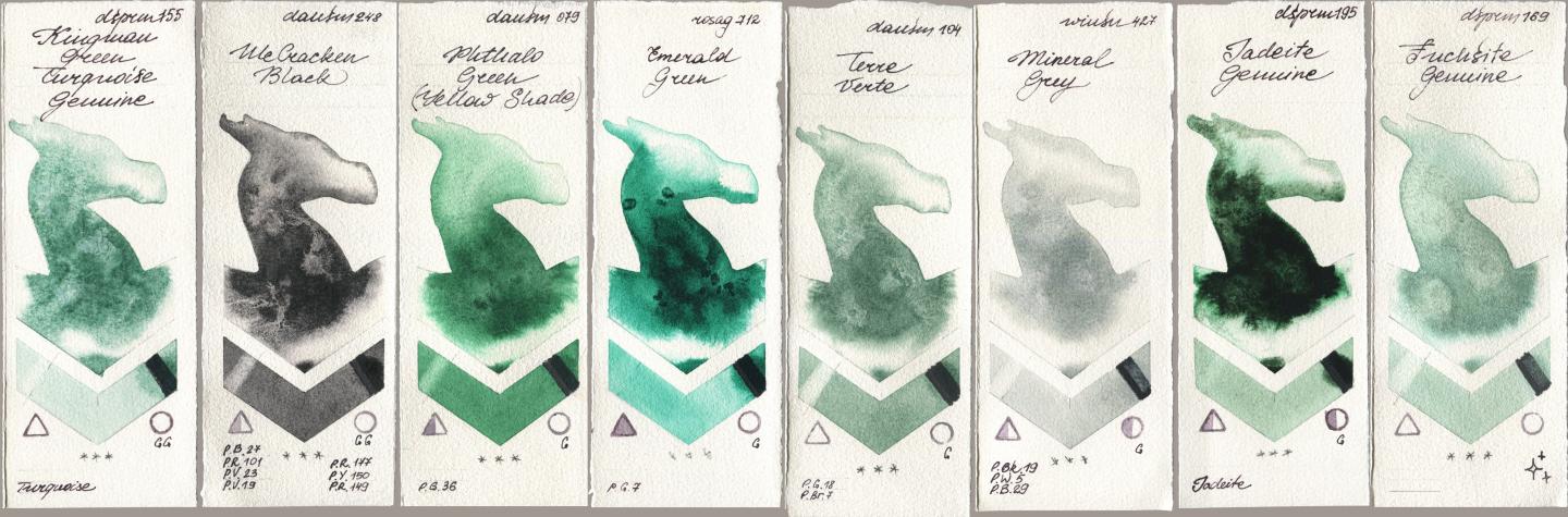 Daniel Smith 155 Kingman Green Turquoise Genuine, 248 McCracken Black, 079 Phthalo Green (Yellow Shade), Rosa Gallery 712 Emerald Green, 104 Terre Verte, Winsor & Newton Professional 427 Mineral Grey, 195 Jadeite Genuine, 169 Fuchsite Genui watercolor swatch