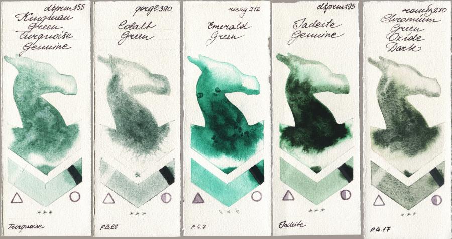 Daniel Smith 155 Kingman Green Turquoise Genuine vs Golden QOR 390 Cobalt Green vs Rosa Gallery 712 Emerald Green vs 195 Jadeite Genuine vs Roman Szmal Aquarius 270 Chromium Green Oxide Dark watercolor swatch