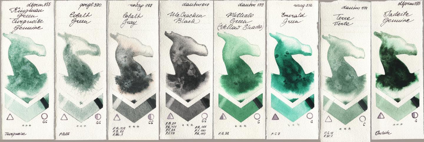 Daniel Smith 155 Kingman Green Turquoise Genuine, Golden QOR 390 Cobalt Green, Rosa Gallery 768 Cobalt Gray, 248 McCracken Black, 079 Phthalo Green (Yellow Shade), 712 Emerald Green, 104 Terre Verte, 195 Jadeite Genui watercolor swatch
