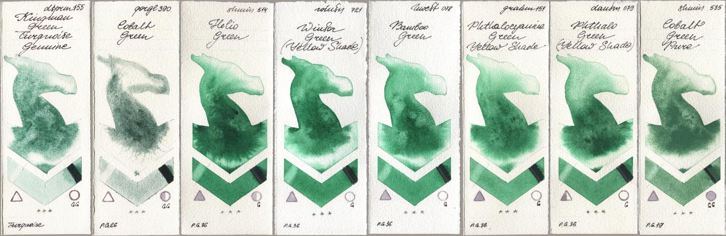 Daniel Smith 155 Kingman Green Turquoise Genuine, Golden QOR 390 Cobalt Green, Shminke Horadam Aquarell 514 Helio Green, Winsor & Newton Professional 721 Winsor Green (Yellow shade), Holbein Artists Watercolor 078 Bamboo Green, M. Graham & Co. Artists 151 Phthalocyanine Green Yellow Shade, 079 Phthalo Green (Yellow Shade), 535 Cobalt Green Pu watercolor swatch
