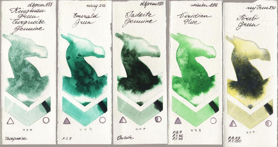 Daniel Smith 155 Kingman Green Turquoise Genuine vs Rosa Gallery 712 Emerald Green vs 195 Jadeite Genuine vs Winsor & Newton Professional 696 Viridian Hue vs Mijello Mission Gold 830 Forest Green watercolor swatch