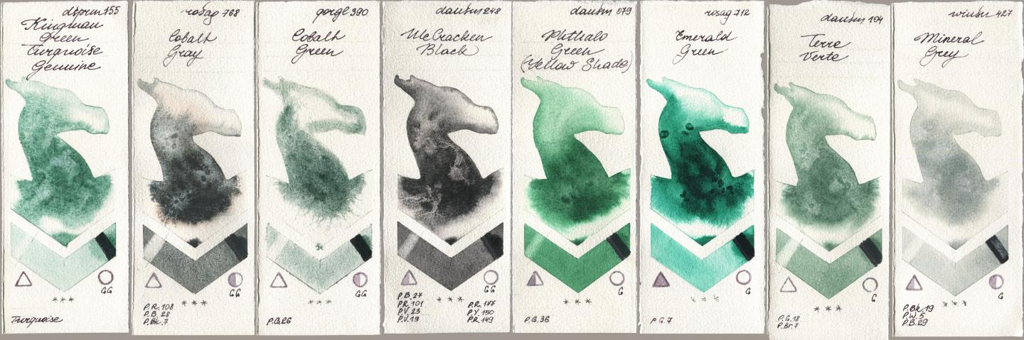 Daniel Smith 155 Kingman Green Turquoise Genuine, Rosa Gallery 768 Cobalt Gray, Golden QOR 390 Cobalt Green, 248 McCracken Black, 079 Phthalo Green (Yellow Shade), 712 Emerald Green, 104 Terre Verte, Winsor & Newton Professional 427 Mineral Gr watercolor swatch