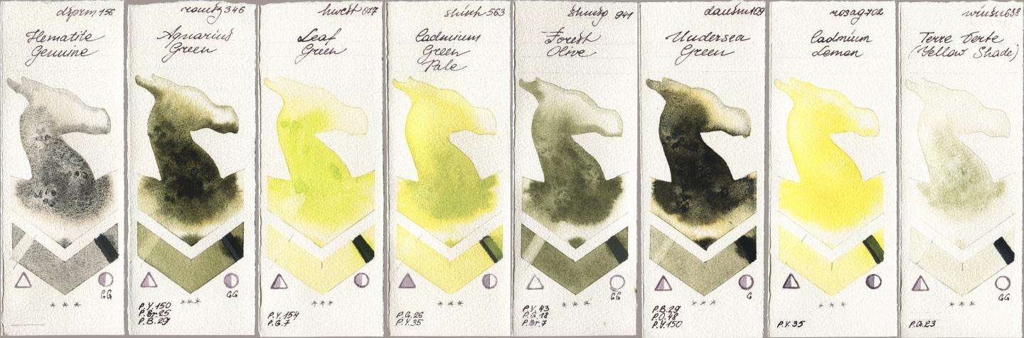 Daniel Smith 156 Hematite Genuine, Roman Szmal Aquarius 346 Aquarius Green, Holbein Artists Watercolor 077 Leaf Green, Shinhan PWC 563 Cadmium Green Pale, Shminke Horadam Aquarell 941 Forest Olive, 109 Undersea Green, Rosa Gallery 702 Cadmium Lemon, Winsor & Newton Professional 638 Terre Verte (Yellow Shad watercolor swatch