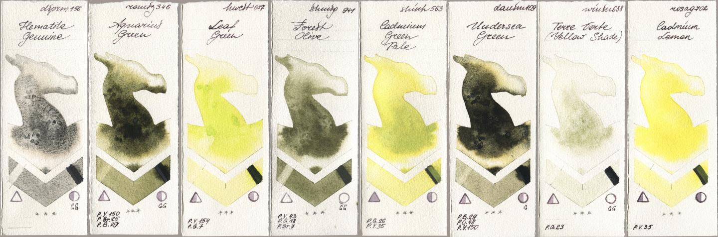 Daniel Smith 156 Hematite Genuine, Roman Szmal Aquarius 346 Aquarius Green, Holbein Artists Watercolor 077 Leaf Green, Shminke Horadam Aquarell 941 Forest Olive, Shinhan PWC 563 Cadmium Green Pale, 109 Undersea Green, Winsor & Newton Professional 638 Terre Verte (Yellow Shade), Rosa Gallery 702 Cadmium Lem watercolor swatch