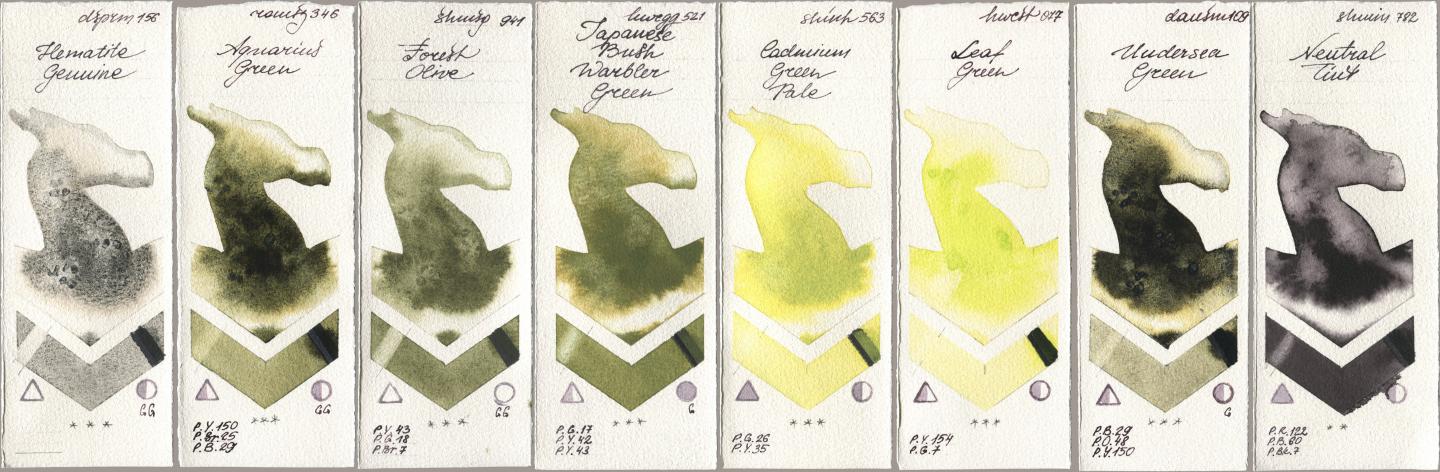 Daniel Smith 156 Hematite Genuine, Roman Szmal Aquarius 346 Aquarius Green, Shminke Horadam Aquarell 941 Forest Olive, Holbein Artists Watercolor 521 Japanese Bush Warbler Green, Shinhan PWC 563 Cadmium Green Pale, 077 Leaf Green, 109 Undersea Green, 782 Neutral Ti watercolor swatch