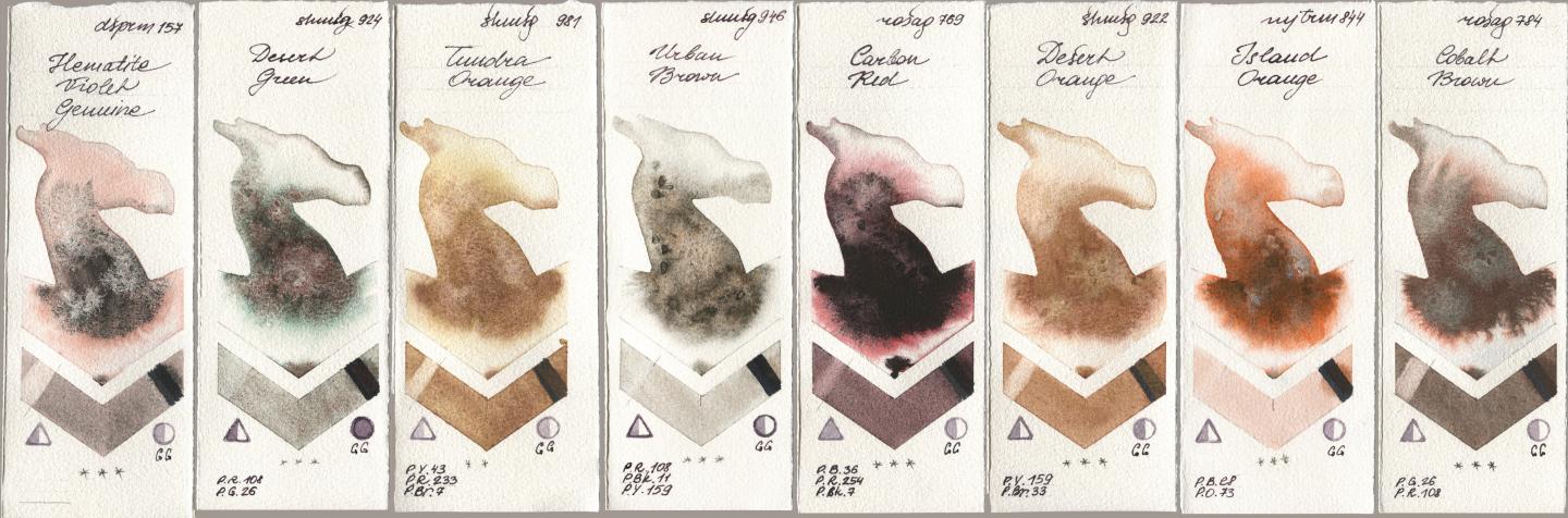 Daniel Smith 157 Hematite Violet Genuine, Shminke Horadam Aquarell 924 Desert Green, 981 Tundra Orange, 946 Urban Brown, Rosa Gallery 769 Carbon Red, 922 Desert Orange, Mijello Mission Gold 844 Island Orange, 784 Cobalt Bro watercolor swatch