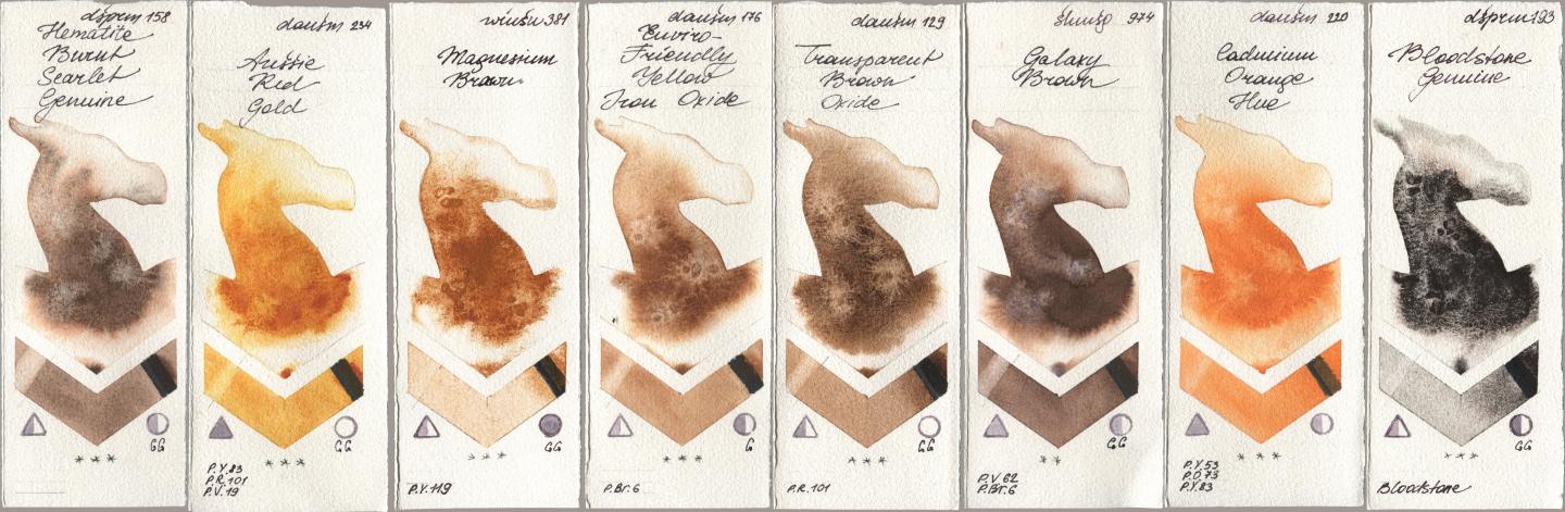Daniel Smith 158 Hematite Burnt Scarlet Genuine, 234 Aussie Red Gold, Winsor & Newton Professional 381 Magnesuim Brown, 176 Enviro-Friendly Yellow Iron Oxide, 129 Transparent Brown Oxide, Shminke Horadam Aquarell 974 Galaxy Brown, 220 Cadmium Orange Hue, 193 Bloodstone Genui watercolor swatch