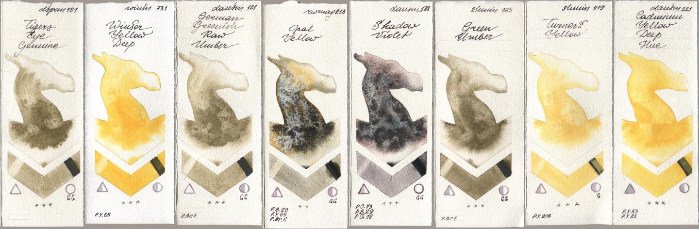 Daniel Smith 161 Tigers Eye Genuine, Winsor & Newton Professional 731 Winsor Yellow Deep, 121 German Greenish Raw Umber, Rockwell 233 Opal Yellow, 188 Shadow Violet, Shminke Horadam Aquarell 665 Green Umber, 219 Turner‘s Yellow, 221 Cadmium Yellow Deep H watercolor swatch