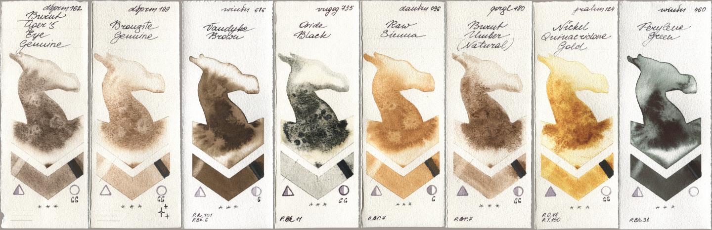 Daniel Smith 162 Burnt Tigers Eye Genuine, 199 Bronzite Genuine, Winsor & Newton Professional 676 Vandyke Brown, Royal Talens Van Gogh Watercolour 735 Oxide Black, 096 Raw Sienna, Golden QOR 480 Burnt Umber (Natural), M. Graham & Co. Artists 124 Nickel Quinacridone Gold, 460 Perylene Gre watercolor swatch