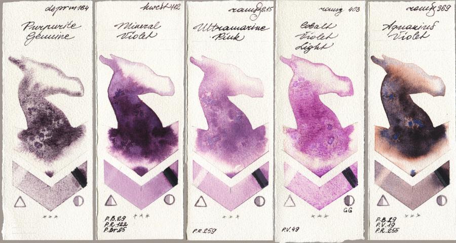 Daniel Smith 164 Purpurite Genuine vs Holbein Artists Watercolor 112 Mineral Violet vs Roman Szmal Aquarius 215 Ultramarine Pink vs 403 Cobalt Violet Light vs 369 Aquarius Violet watercolor swatch