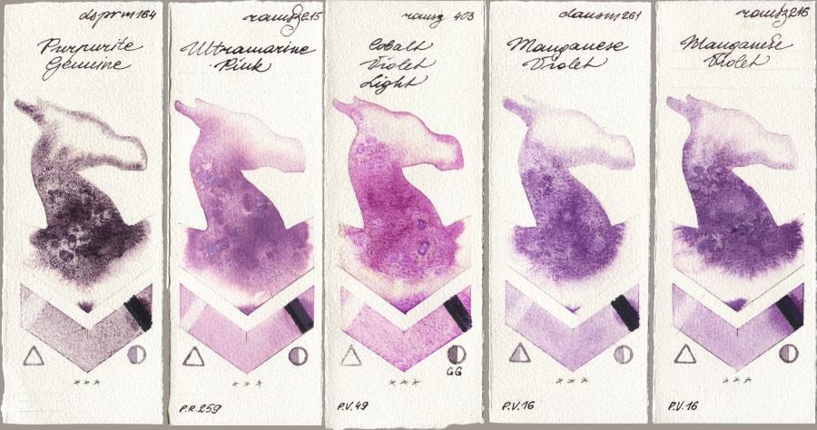 Daniel Smith 164 Purpurite Genuine vs Roman Szmal Aquarius 215 Ultramarine Pink vs 403 Cobalt Violet Light vs 261 Manganese Violet vs 216 Manganese Violet watercolor swatch