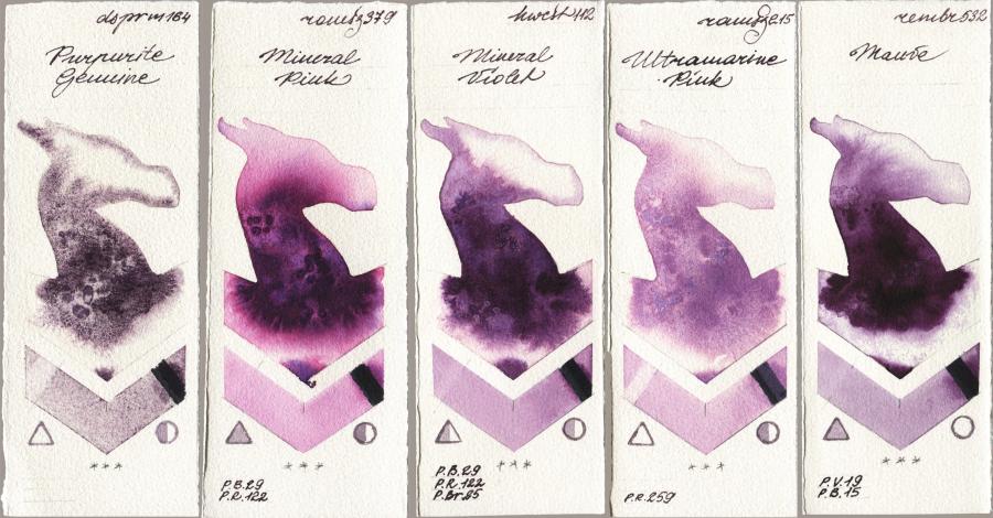 Daniel Smith 164 Purpurite Genuine vs Roman Szmal Aquarius 379 Mineral Pink vs Holbein Artists Watercolor 112 Mineral Violet vs 215 Ultramarine Pink vs Royal Talens Rembrandt Watercolour 532 Mauve watercolor swatch