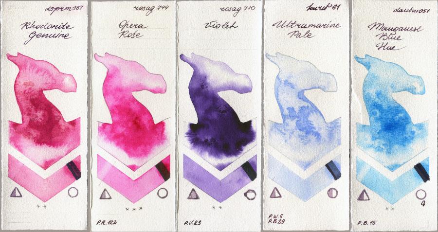 Daniel Smith 167 Rhodonite Genuine vs Rosa Gallery 744 Opera Rose vs 710 Violet vs Kuretake Gansai Tambi 61 Ultramatire Pale vs 051 Manganese Blue Hue watercolor swatch