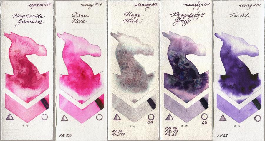Daniel Smith 167 Rhodonite Genuine vs Rosa Gallery 744 Opera Rose vs Shminke Horadam Aquarell 966 Haze Pink vs Roman Szmal Aquarius 401 Przybyszs Grey vs 710 Violet watercolor swatch