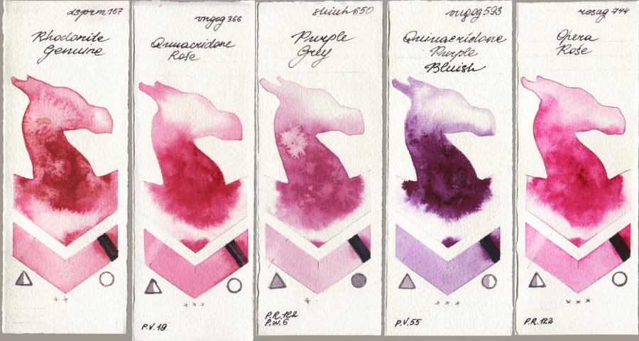 Daniel Smith 167 Rhodonite Genuine vs Royal Talens Van Gogh Watercolour 366 Quinacridone Rose vs Shinhan PWC 650 Purple Grey vs 593 Quinacridone Purple Bluish vs Rosa Gallery 744 Opera Rose watercolor swatch