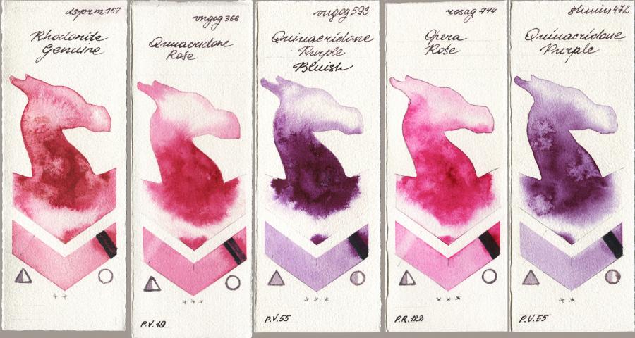 Daniel Smith 167 Rhodonite Genuine vs Royal Talens Van Gogh Watercolour 366 Quinacridone Rose vs 593 Quinacridone Purple Bluish vs Rosa Gallery 744 Opera Rose vs Shminke Horadam Aquarell 472 Quinacridone Purple watercolor swatch
