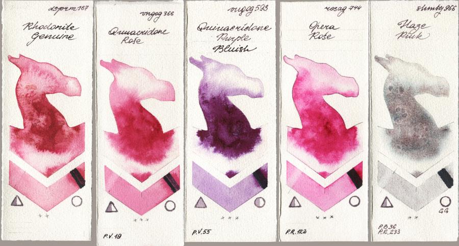 Daniel Smith 167 Rhodonite Genuine vs Royal Talens Van Gogh Watercolour 366 Quinacridone Rose vs 593 Quinacridone Purple Bluish vs Rosa Gallery 744 Opera Rose vs Shminke Horadam Aquarell 966 Haze Pink watercolor swatch