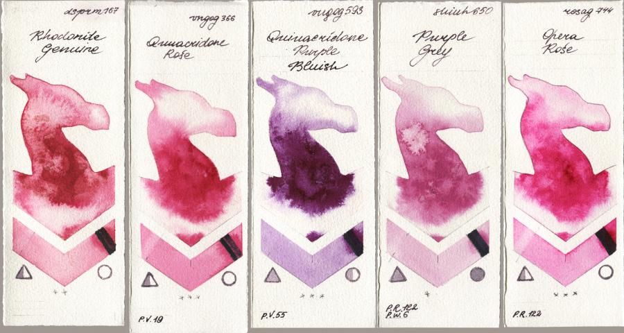 Daniel Smith 167 Rhodonite Genuine vs Royal Talens Van Gogh Watercolour 366 Quinacridone Rose vs 593 Quinacridone Purple Bluish vs Shinhan PWC 650 Purple Grey vs Rosa Gallery 744 Opera Rose watercolor swatch