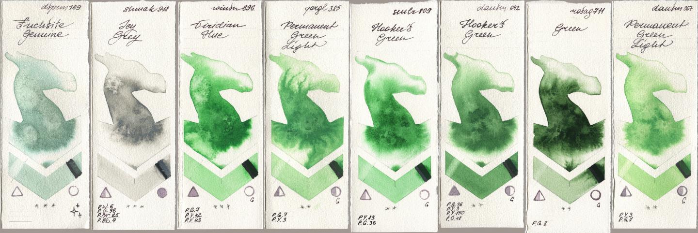 Daniel Smith 169 Fuchsite Genuine, Shminke Akademie Aquarell 918 Icy Grey, Winsor & Newton Professional 696 Viridian Hue, Golden QOR 385 Permanent Green Light, Sennelier l Aquarelle 809 Hookers Green, 042 Hookers Green, Rosa Gallery 711 Green, 067 Permanent Green Lig watercolor swatch
