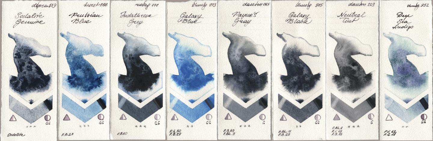 Daniel Smith 179 Sodalite Genuine, Kuretake Gansai Tambi 066 Prussian Blue, Rosa Gallery 778 Indanthrene Grey, Shminke Horadam Aquarell 973 Galaxy Blue, 065 Paynes Gray, 975 Galaxy Black, 229 Neutral Tint, 952 Deep Sea Indi watercolor swatch