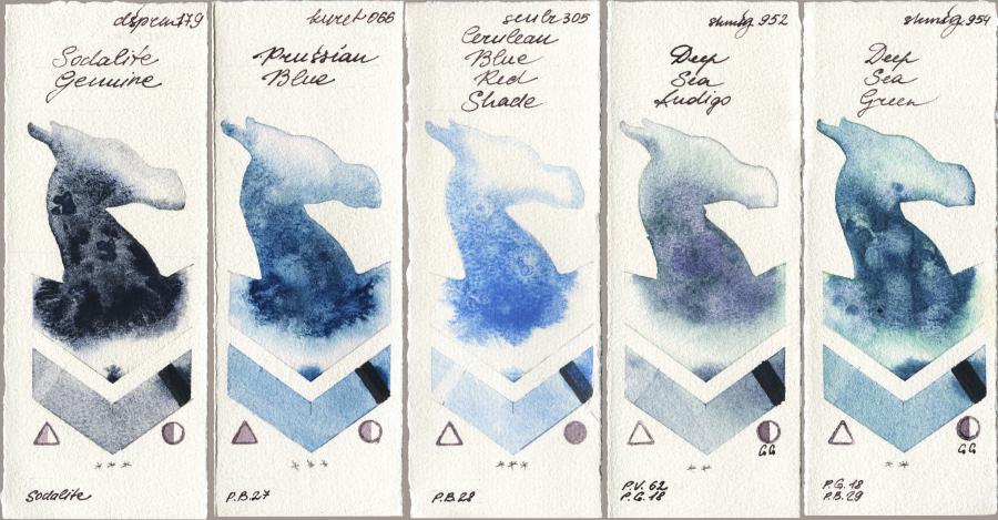Daniel Smith 179 Sodalite Genuine vs Kuretake Gansai Tambi 066 Prussian Blue vs Sennelier l Aquarelle 305 Cerulean Blue Red Shade vs Shminke Horadam Aquarell 952 Deep Sea Indigo vs 954 Deep Sea Green watercolor swatch
