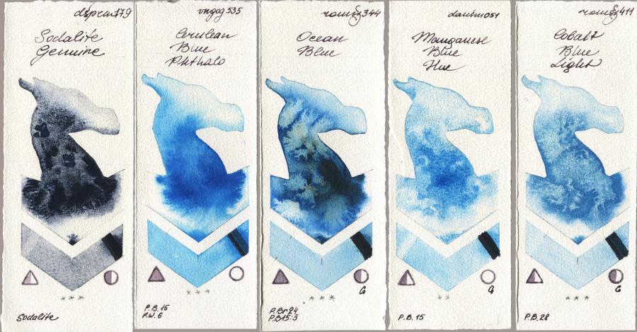 Daniel Smith 179 Sodalite Genuine vs Royal Talens Van Gogh Watercolour 535 Cerulean Blue Phthalo vs Roman Szmal Aquarius 344 Ocean Blue vs 051 Manganese Blue Hue vs 411 Cobalt Blue Light watercolor swatch