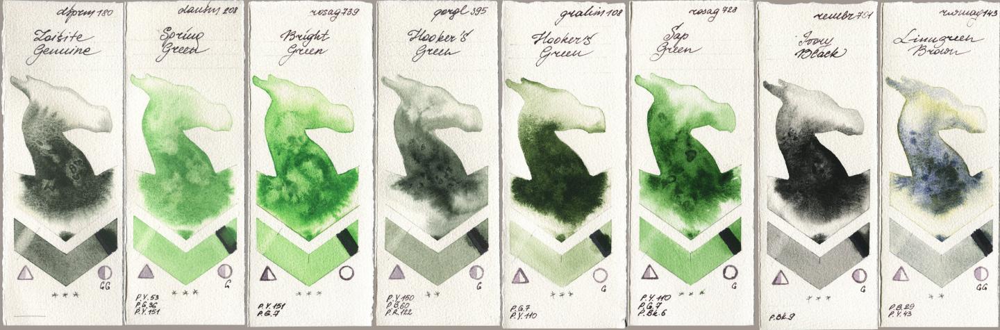 Daniel Smith 180 Zoisite Genuine, 208 Spring Green, Rosa Gallery 739 Bright Green, Golden QOR 395 Hookers Green, M. Graham & Co. Artists 108 Hookers Green, 728 Sap Green, Royal Talens Rembrandt Watercolour 701 Ivory Black, Rockwell 143 Limugreen Bro watercolor swatch