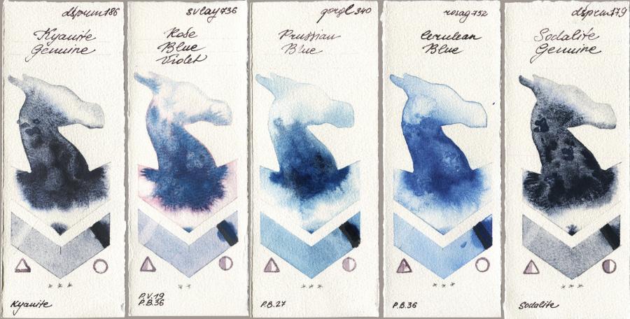 Daniel Smith 186 Kyanite Genuine vs SuperVision 736 Rose Blue Violet vs Golden QOR 340 Prussian Blue vs Rosa Gallery 752 Cerulean Blue vs 179 Sodalite Genuine watercolor swatch