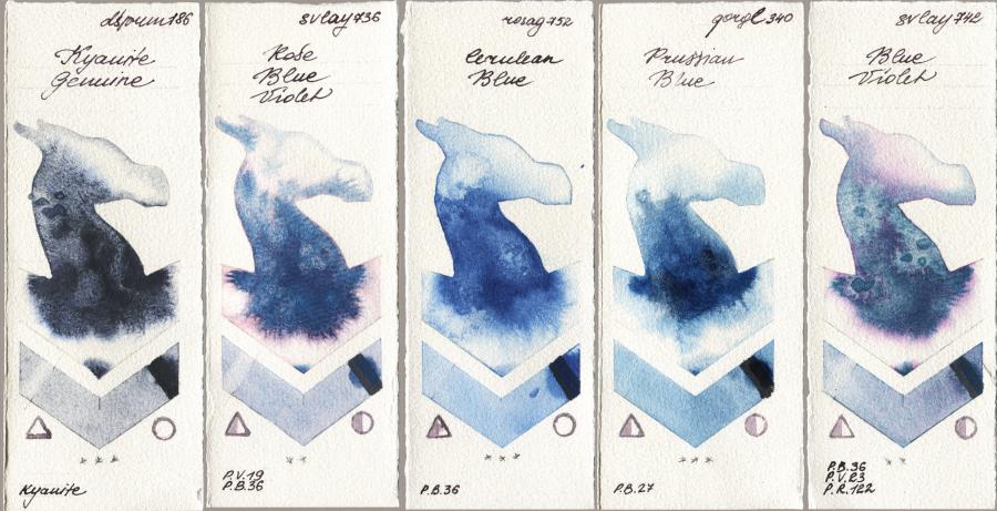 Daniel Smith 186 Kyanite Genuine vs SuperVision 736 Rose Blue Violet vs Rosa Gallery 752 Cerulean Blue vs Golden QOR 340 Prussian Blue vs 742 Blue Violet watercolor swatch